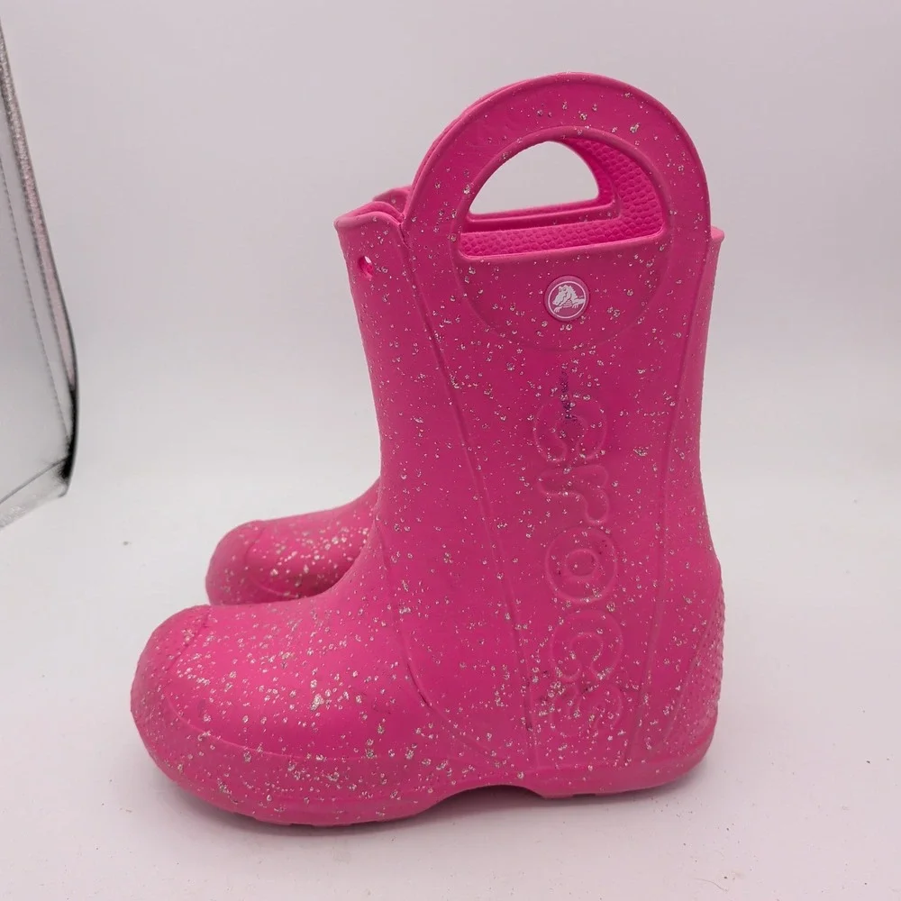Crocs Kids Handle It Pink Glitter Rain Boots Waterproof Pull On J2 210391